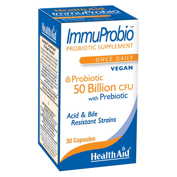 HealthAid ImmuProbio 50 Billion CFU with Prebiotic, 30ct, Once Daily, Acid & Bile Resistant Strains, Vegan