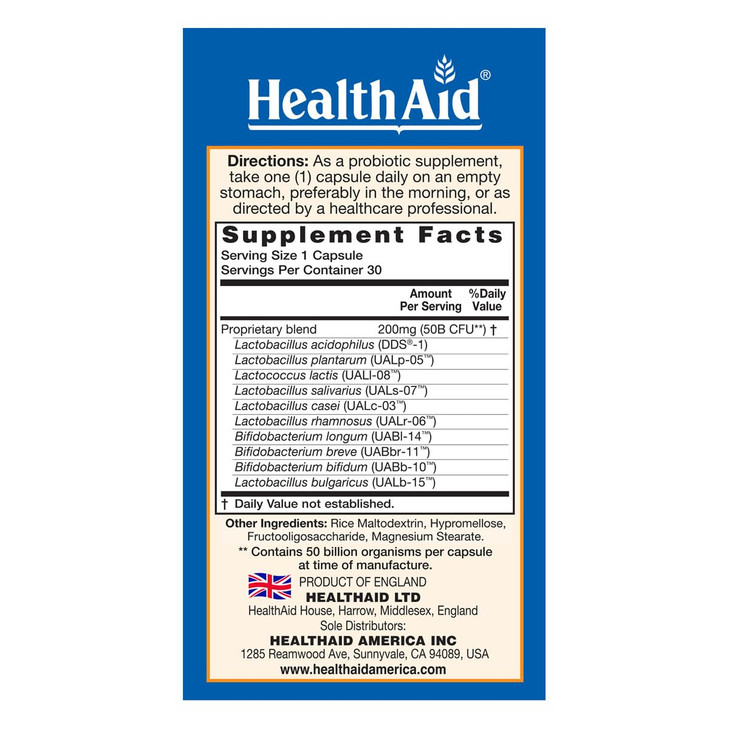 HealthAid ImmuProbio 50 Billion CFU with Prebiotic, 30ct, Once Daily, Acid & Bile Resistant Strains, Vegan