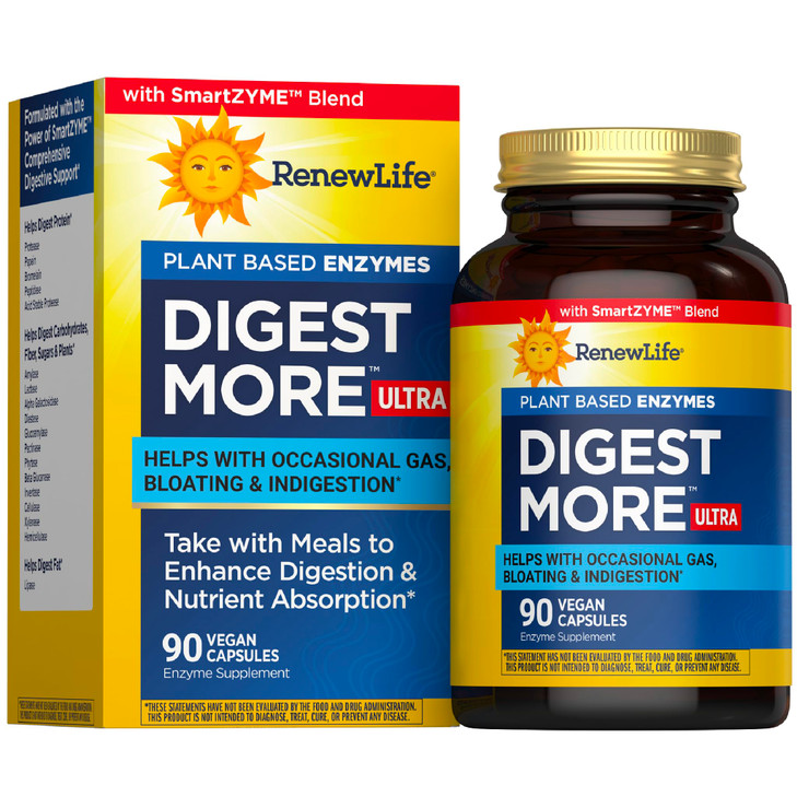 Renew Life Adult DigestMore Ultra Enzymes - Ultra-Strength Plant-Based Digestive Enzyme Formula for Men & Women - 90 Vegetarian Capsules