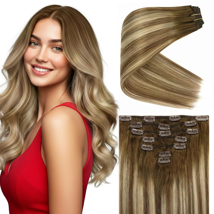 Ve Sunny Clip in Hair Extensions Human Hair Light Brown Balayage Hair Extensions Clip ins Ombre Blonde Remy Human Hair Clip in Extensions Full Head 1