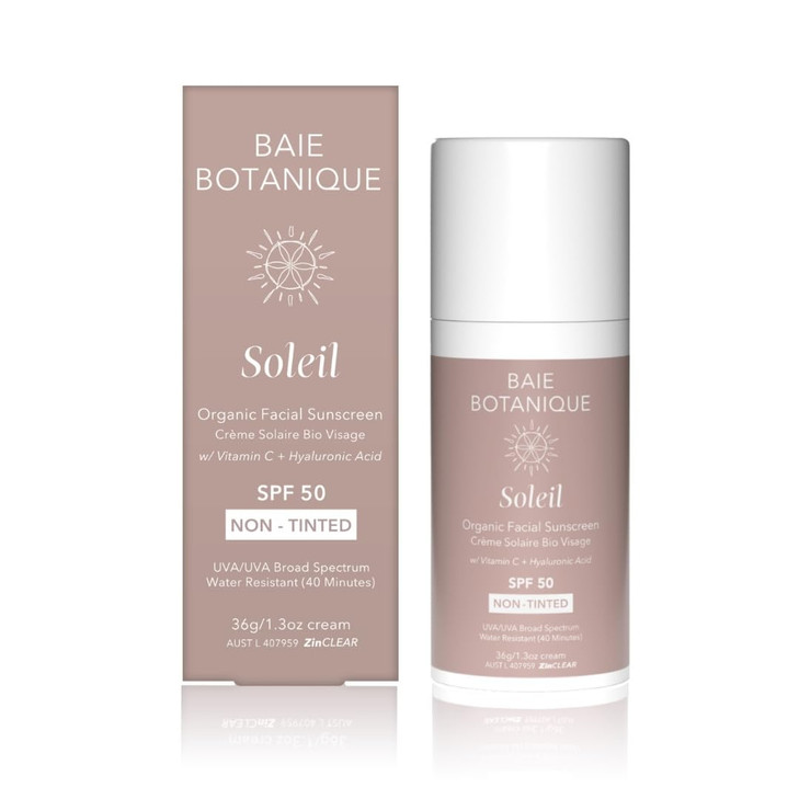 Baie Botanique Soleil Organic Facial Sunscreen SPF 50 Chemical Filter Free Hyaluronic Acid & Vitamin C Sunscreen for Face - Natural - Vegan - No Whit