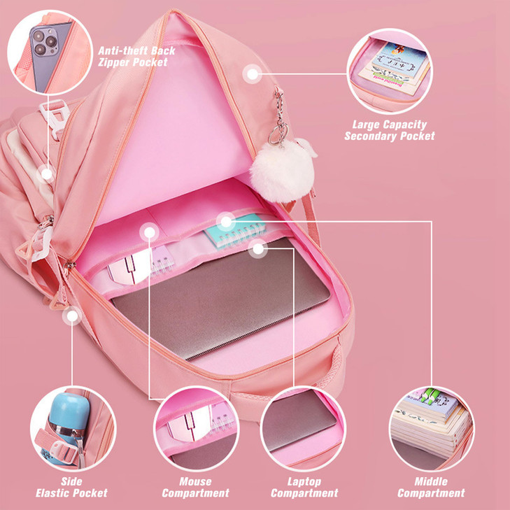 Rubytor 5PCS Kids Backpack Set Cute School Backpacks for Girls, Kawaii Teenage Laptop Bag 17in Fashion Daypack, Large Capacity Double Shoulder Backpa