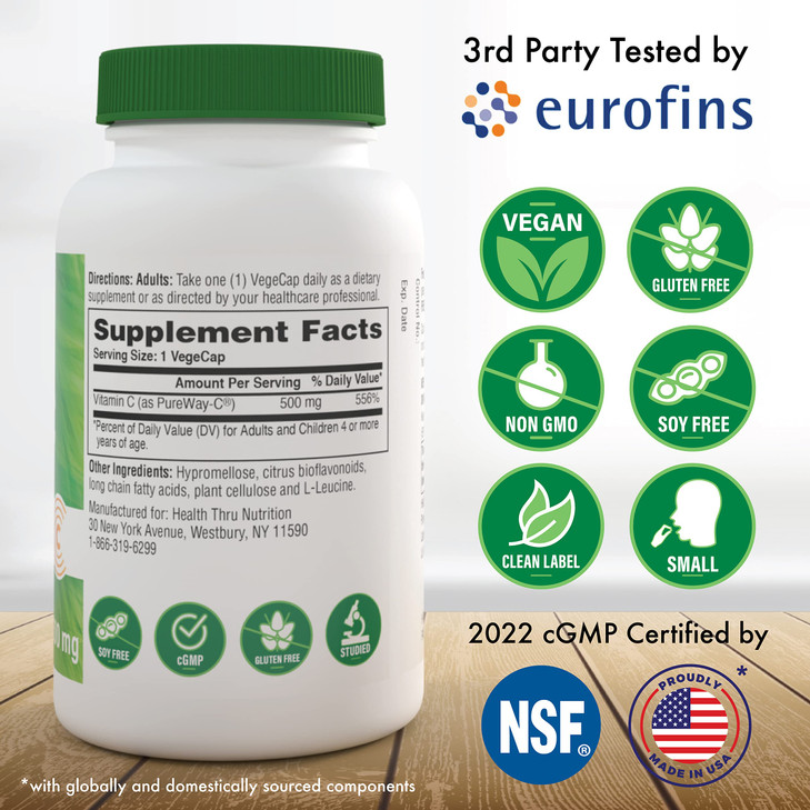 Health Thru Nutrition Vitamin-C 500mg as PureWay-C 360 Vegecaps Superior Absorption | Healthy Immune Function and Collagen Support | 3rd Party Tested