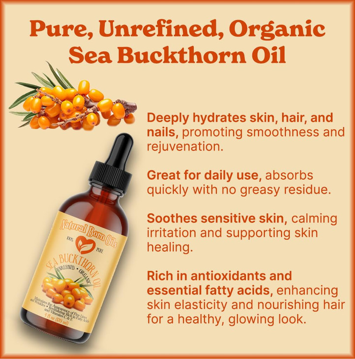Natural Born Oils 16oz Sea Buckthorn Oil, 100% Pure and Natural, Organic, Cold-pressed, Unrefined, Revitalizing, Includes Pump & Dropper 16-Sea-Buck