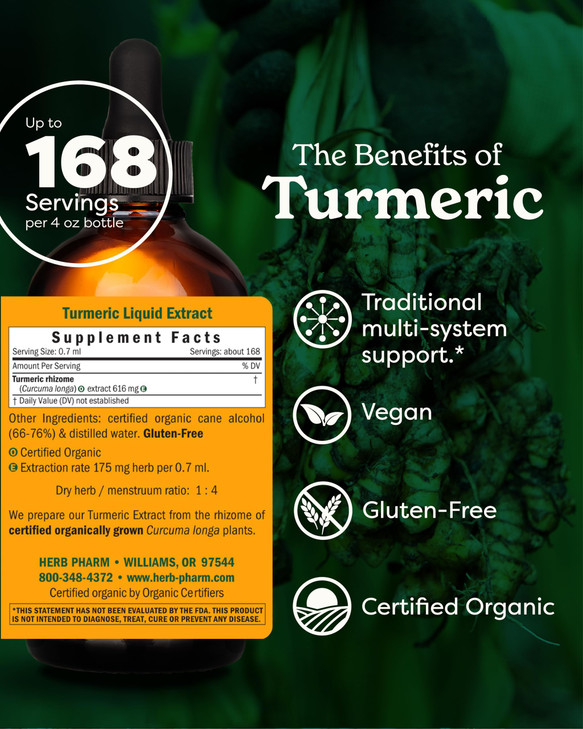 Herb Pharm Certified Organic Turmeric Root Liquid Extract for Musculoskeletal System Support - 4 oz