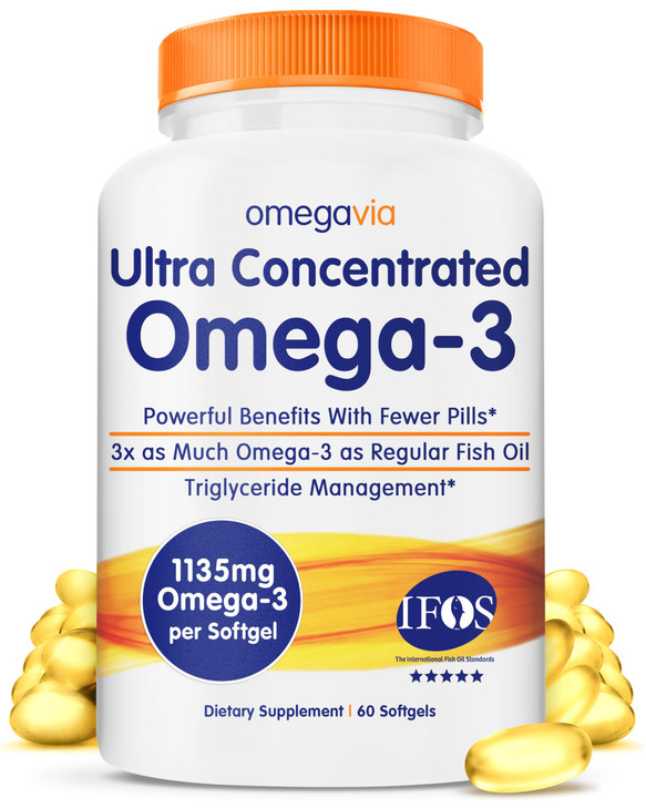 OmegaVia Ultra Concentrated Omega 3 Fish Oil Burpless, 60 Softgels, Triple Strength Omega 3 Fish Oil Supplements, 1135 mg Pure Omega3, No Fishy Burps