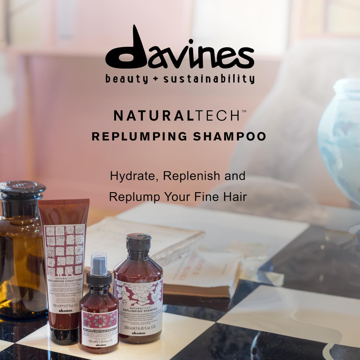 Davines Naturaltech Replumping Shampoo, Moisturizing for Fine Hair Lacking Elasticity - With Plum Phytoceuticals - Gentle Cleanser Adds Elasticity, 8