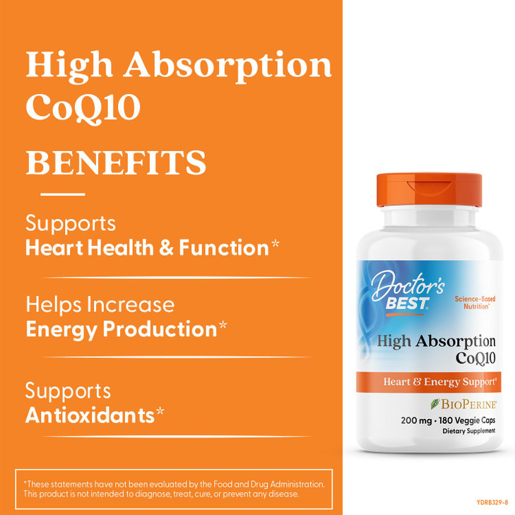 Doctor's Best High Absorption CoQ10, Heart & Energy Support, USP Verified, Naturally Fermented CoQ10, Non-GMO Gluten Free, Soy Free, Vegan 180 Veggie