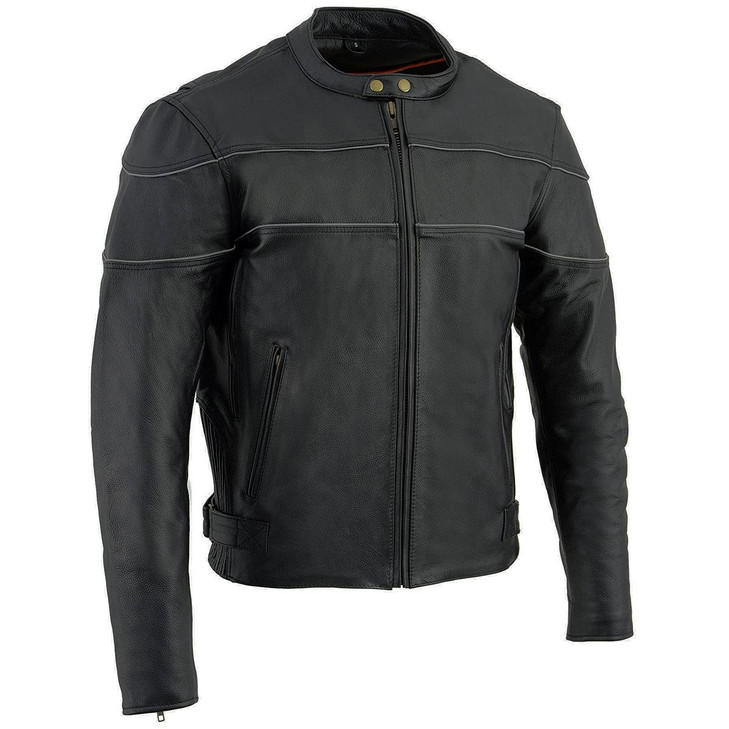 Milwaukee Leather SH1785 Men's Black Leather Scooter Style Motorcycle Jacket w/Side Stretch and Reflective Piping - 4X-Large