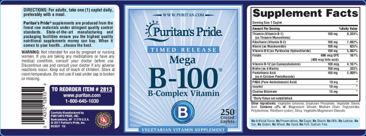Puritan's Pride Vitamin B-100 Complex Timed Release Caplets, 250 Count