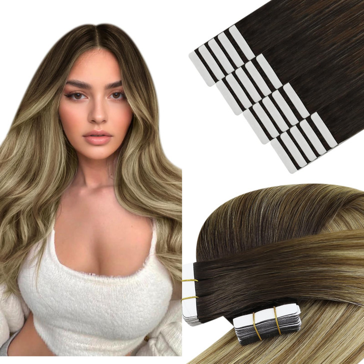YoungSee Tape in Hair Extensions Human Hair Balayage Dark Brown Tape in Hair Extensions Dark Brown Ombre Medium Brown with Blonde Hair Extension Tape