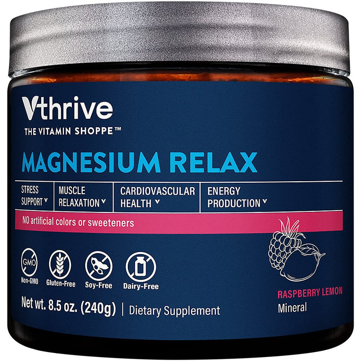Vthrive Magnesium Relax Powder Supports Stress Relief, Muscle Relaxation & Enhanced Sleep Quality for Daily Calmness & Wellness - Raspberry Lemon Fla