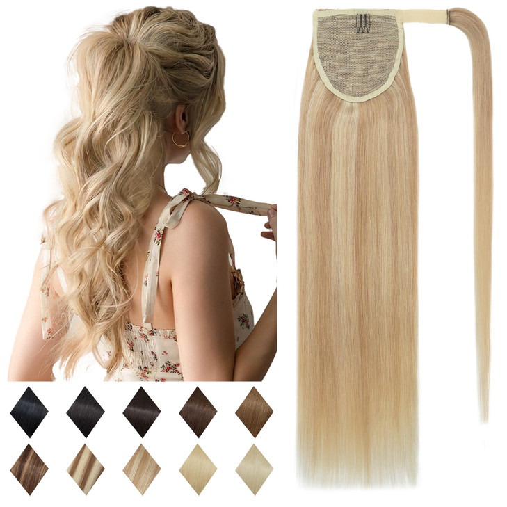 SEGO Ponytail Extension Human Hair Real Human Hair Clip In Wrap Around Long Straight Ponytail -14 Inch 80g /18P613 Ash Blonde&Bleach Blonde