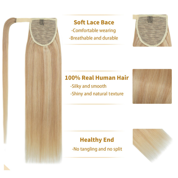 SEGO Ponytail Extension Human Hair Real Human Hair Clip In Wrap Around Long Straight Ponytail -14 Inch 80g /18P613 Ash Blonde&Bleach Blonde