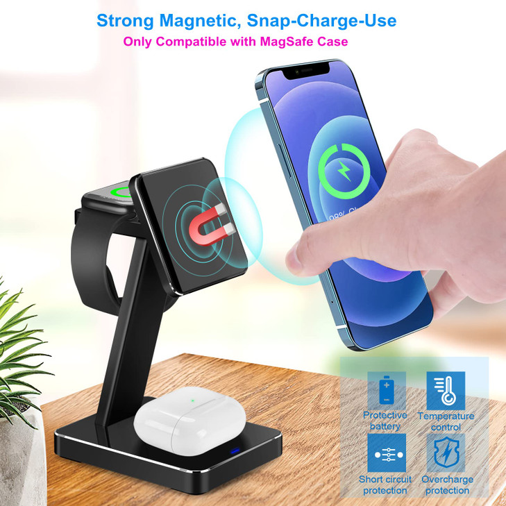 Aluminum Alloy 3 in 1 Magnetic Wireless Charger,15W Fast Wireless Charging Station Compatible with MagSafe Charger Stand iPhone 16 15 14 13 12 Pro Ma