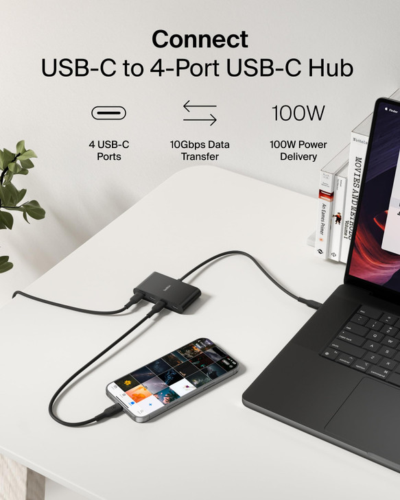 Belkin Connect 4 Port USB C Hub - Multiport Adapter Dongle with 4 USB C 3.2 Gen 2 Ports - High Speed 10G Data Transfer for Laptop, MacBook, iPad, PC,