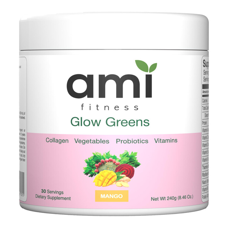 Ami Fitness Glow Greens Powder, Collagen with Probiotics, Vitamins, Digestive Enzymes, Superfoods, Gut Health, Bloating Relief, Radiant Skin, Natural