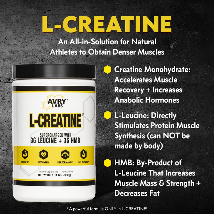 Avry Labs L-CREATINE Supplement: Creatine Monohydrate w/Leucine Amino Acid and HMB  Supports Muscle Mass, Strength, Recovery & Performance + Reduce