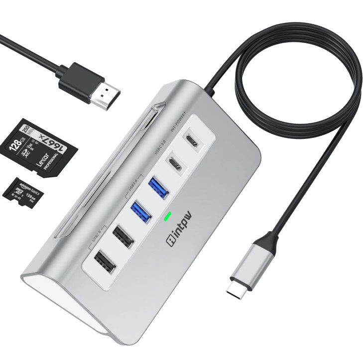 P9 USB C Docking Station, intpw 9-in-1 USB C Hub with 4K HDMI, PD 100W, 3 Type A/C 3.0 5Gbps, 2 Type-A 2.0, SD/TF, Aluminum USB Hub for Laptop,MacBoo