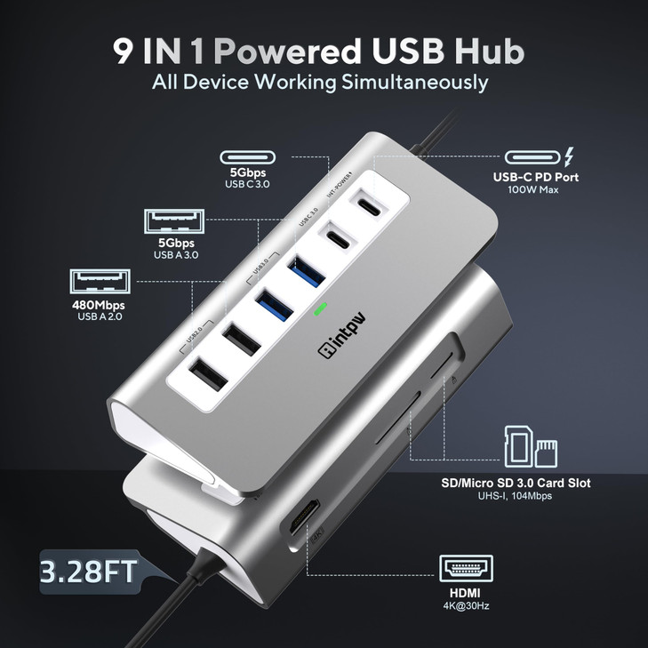 P9 USB C Docking Station, intpw 9-in-1 USB C Hub with 4K HDMI, PD 100W, 3 Type A/C 3.0 5Gbps, 2 Type-A 2.0, SD/TF, Aluminum USB Hub for Laptop,MacBoo