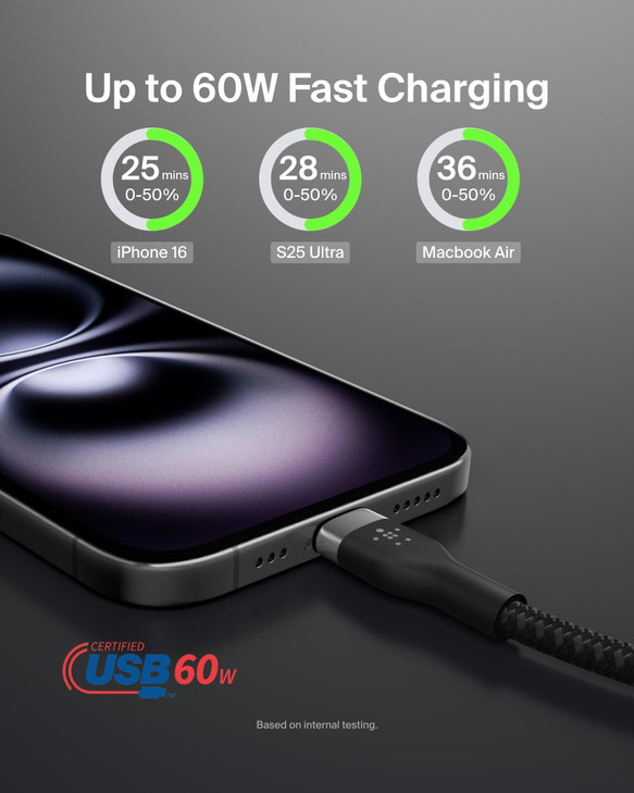 Belkin BoostCharge Pro Flex Braided USB-C to USB-C Charger Cable (6.6ft/2M), USB-IF Certified Fast Charging Cable for iPhone 16 Series, MacBook, Gala