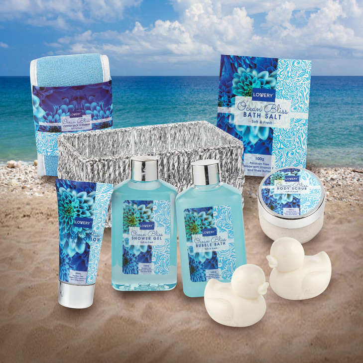 Home Spa Gift Basket in Heavenly Ocean Bliss Scent - 9pc Bath & Body Set - Shower Gel, Bubble Bath, Bath Salt, Body Lotion & more, Wedding, Anniversa