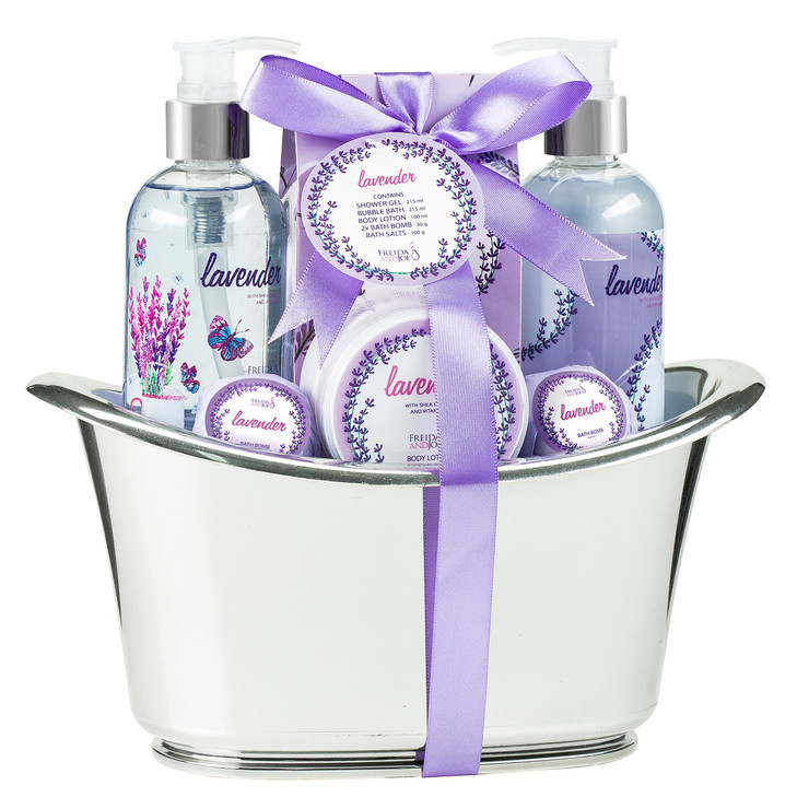 Aromatherapy Essentials Spa Set for Women in Large Silver Tub. Bath Set Includes 2 Bath Bombs, Body Lotion, etc (Pink Orchid and Balsamic Strawberry)