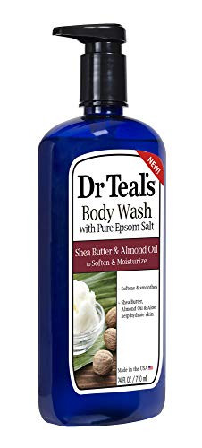 Dr Teal's Epsom Salt Bath and Shower Body Wash with Pump - Shea Butter and Almond Oil - Pack of 4, 24 Oz Each - Soften and Moisturize Your Skin, Reli