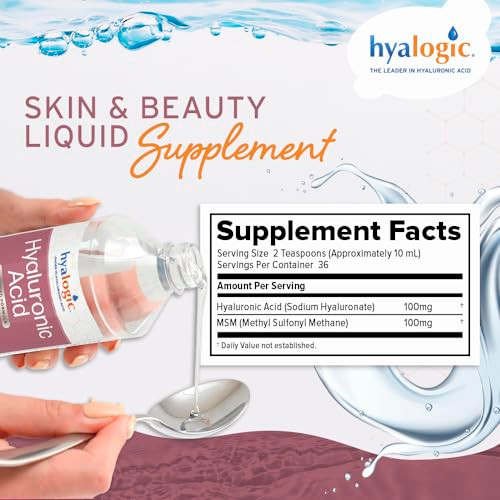 Hyalogic Liquid Hyaluronic Acid Supplement - Ingestible Skin Support with 100mg HA and 100mg MSM - Natural Hydration for The Face, Eyes and Lips - Hi