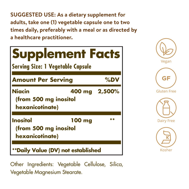 Solgar No-Flush Niacin 500 mg, 250 Vegetable Capsules - Supports Energy Metabolism - No-Flush Delivery - Vegan, Gluten Free, Dairy Free, Kosher - 250