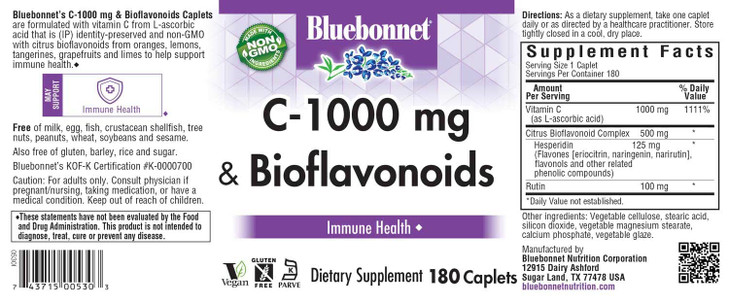 Bluebonnet Nutrition C-1000 mg Plus Bioflavonoids Caplets, Vitamin C 1000 mg, Citrus Bioflavonoids 500 mg, for Immune Health, Soy Free, Gluten Free,