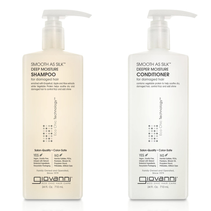 GIOVANNI HAIR CARE PRODUCTS Giovanni Smooth as Silk Deeper Moisture Shampoo & Conditioner Set, 24 Oz. Calms Frizz, Detangles, Wash & Go, Co Wash, No