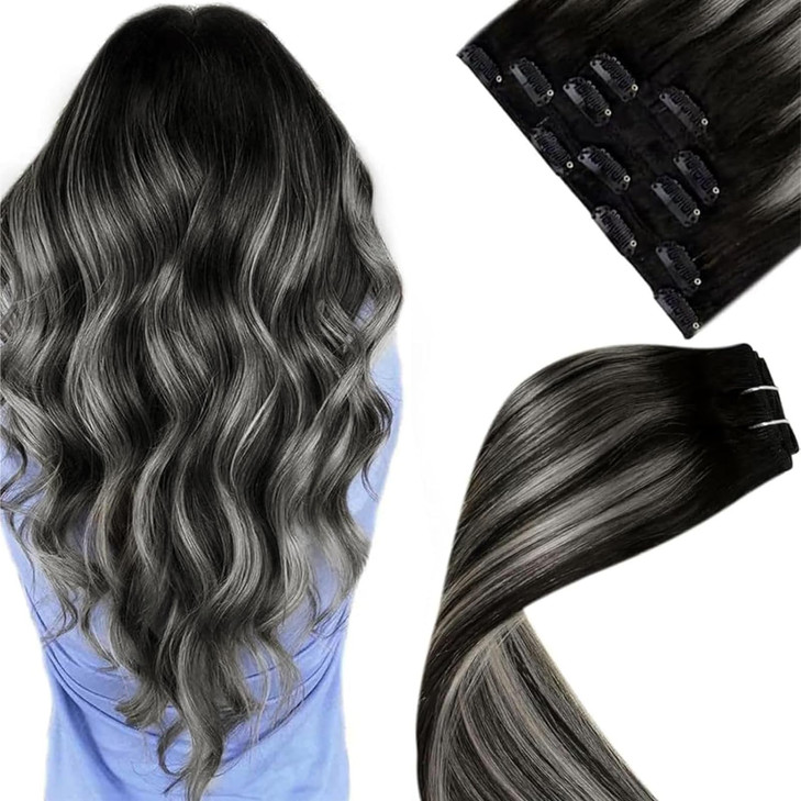 LaaVoo Clip in Hair Extensions Ombre Black to Grey Silver Balayage Human Hair Clip in Extensions Black Balayage Hair Extension Clips ins Double Weft