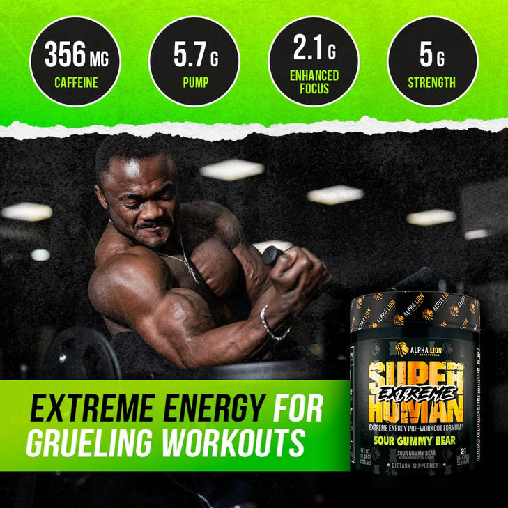 ALPHA LION Superhuman Extreme High Stim Pre Workout Powder, Beta Alanine, L-Taurine & 356mg Tri-Source Caffeine for Sustained Energy, Nitric Oxide &