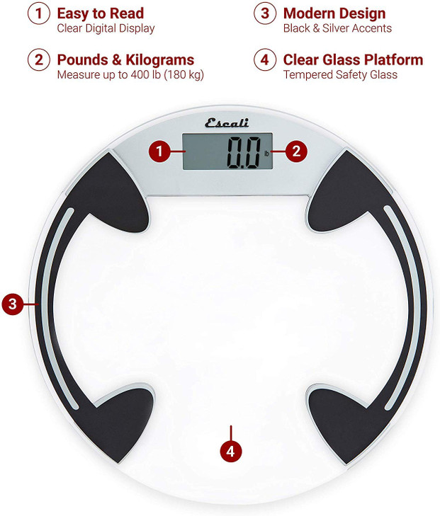 Escali Digital Glass Bath Scale for Body Weight, Bathroom Body Scale, High Capacity of 400 lb, Battery Included, Clear Round Platform