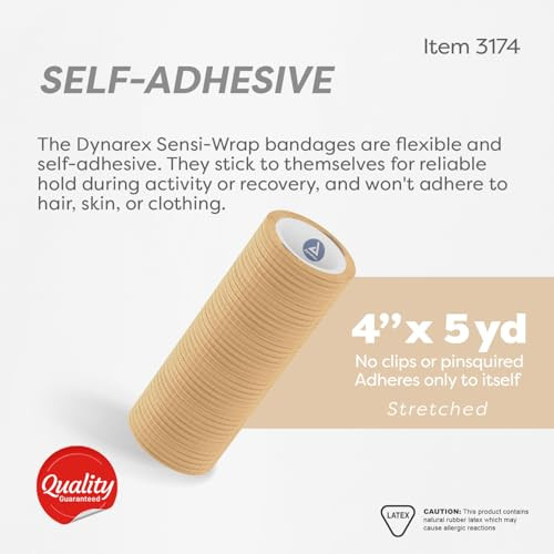 Dynarex Sensi-Wrap Self-Adhesive Bandages, 18-Pack, 4" x 5 Yards, Tan, Latex, Colored Elastic Cohesive Athletic Tape, Tattoo Grip & Vet Wrap