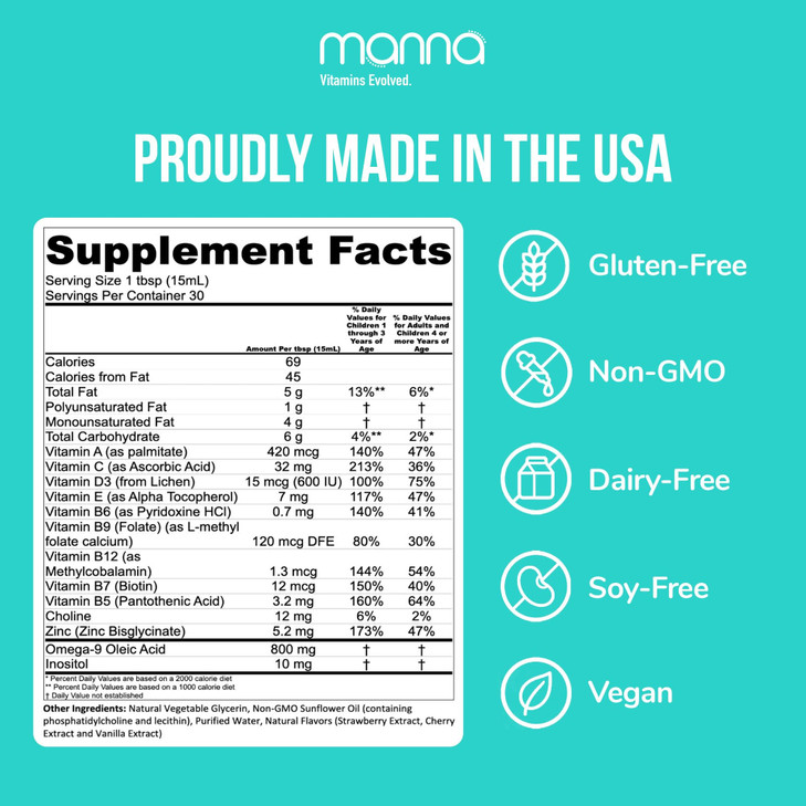 Manna Vitamins Evolved Liposomal Kids Multivitamin - Vitamin D3 & Vitamin A - Vitamin B12 & Vitamin C Supplement - Children's Liquid Multivitamin - I