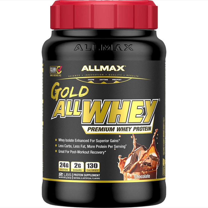 ALLMAX Gold ALLWHEY, Chocolate - 2 lb - 24 Grams of Protein Per Scoop - Gluten Free, Low Carb & Low Sugar - Approx. 30 Servings