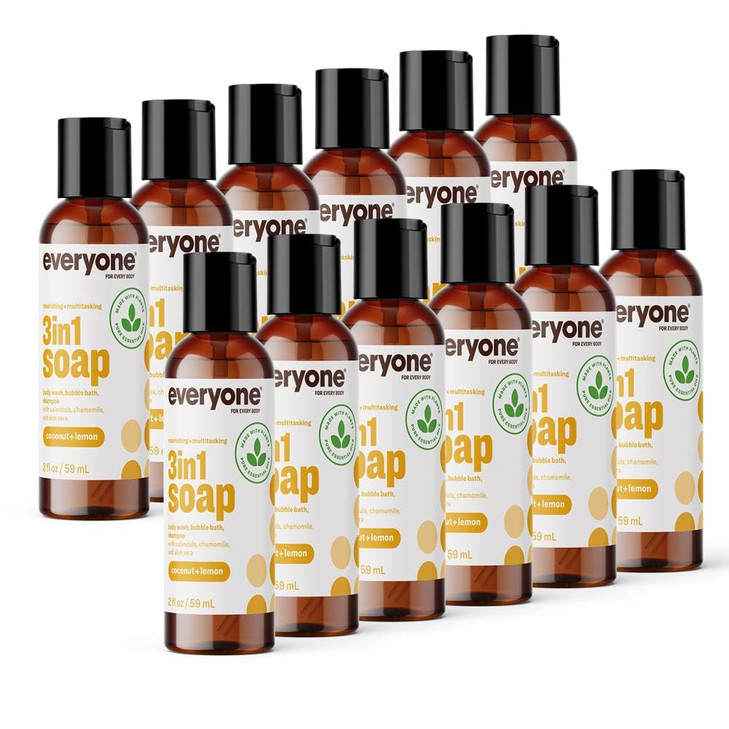 Everyone 3-in-1 Soap Body Wash, Bubble Bath, Shampoo, Travel Size, 2 Ounce (Pack of 12), Coconut and Lemon, made with Essential Oils for Men and Wome