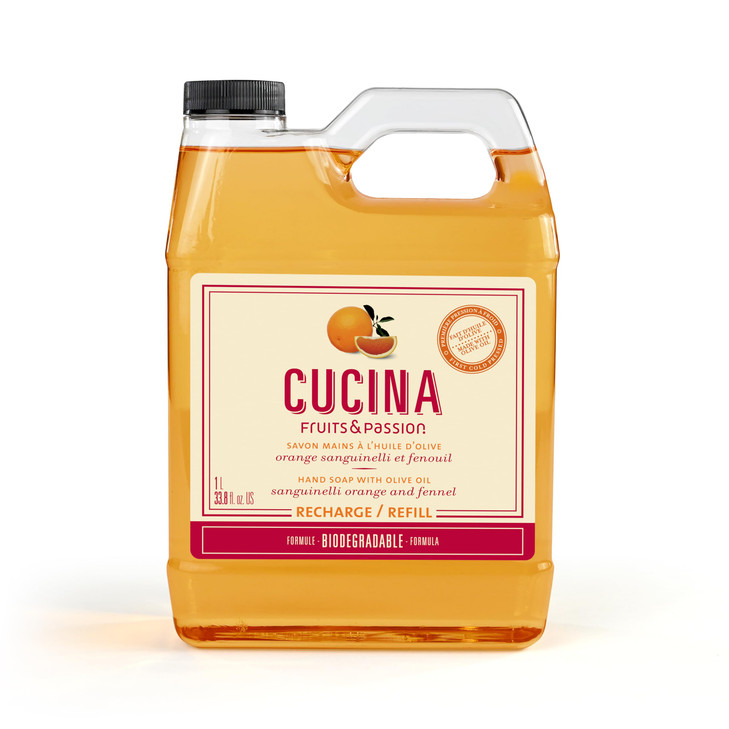 Cucina Hand Soap Refill, Sanguinelli Orange & Fennel, with Olive Oil, 1 Liter (33.8 fl oz) Large Refill for Kitchen & Bathroom, Biodegradable Formula