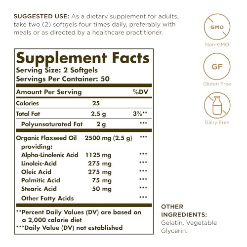 Solgar Flaxseed Oil 1250 mg - 100 Softgels, Pack of 3 - Concentrated Plant Source of Omega-3 Alpha-Linoleic Acid (ALA) - Non-GMO, Gluten Free - 150 T
