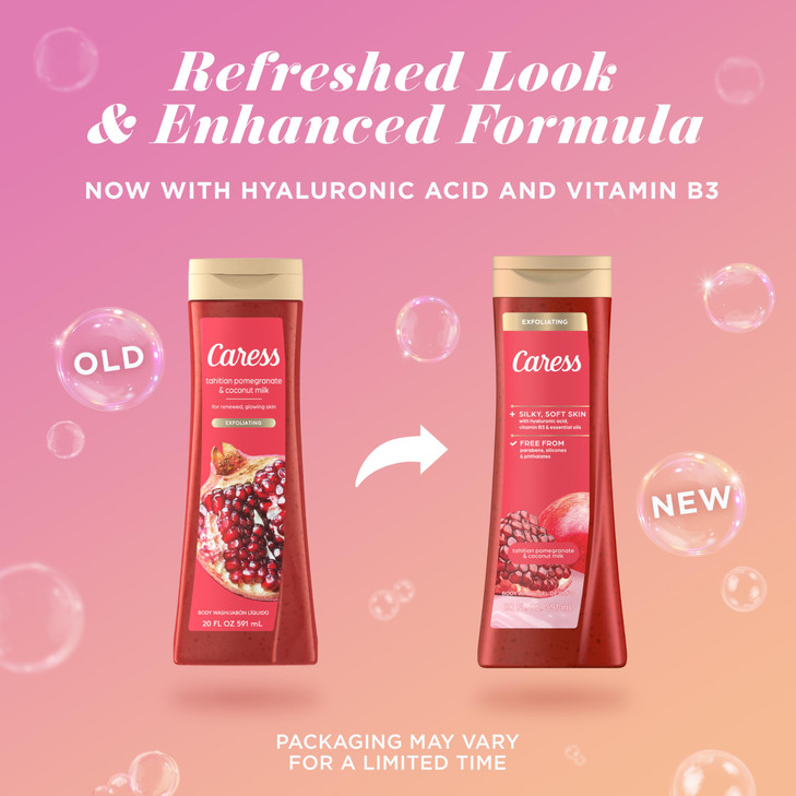 Caress Body Wash for Women, Tahitian Pomegranate & Coconut Milk, Exfoliating Shower Gel for Renewed, Glowing Skin, 20 fl oz, 4 Pack