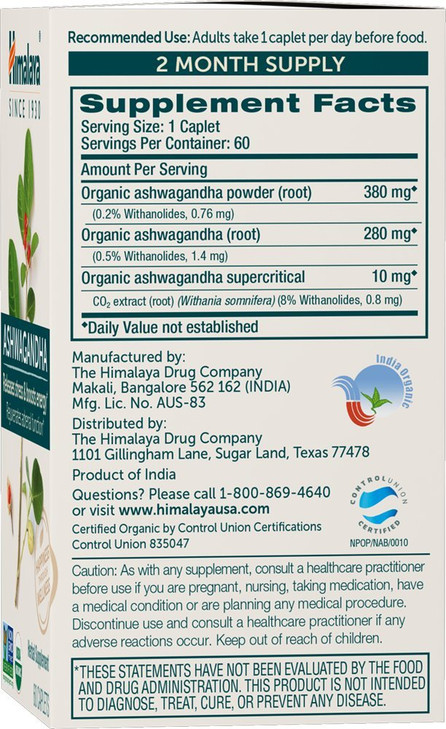 Himalaya Organic Ashwagandha Root, 120 Day Supply - Herbal Adrenal Support Supplements for Stress Relief and Energy Support - USDA Organic, Non-GMO,