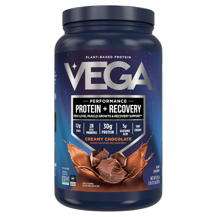 Vega Sport Vegan Protein Powder + Recovery - 30g Plant Based Protein per Serving, Chocolate, 19 Servings, 5g BCAAs, Probiotics, NSF Certified, for Sh