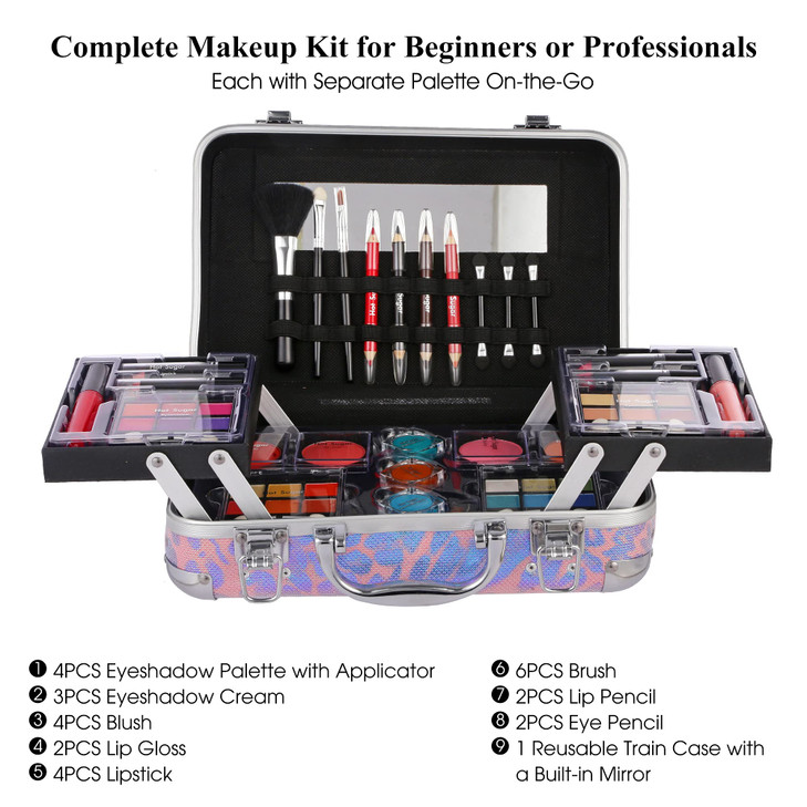 Hot Sugar All In One Makeup Set for Adults and Girls - Full Makeup Kit for Beginners With Eye Shadow Palette, Blush, Lip Gloss, Brush, Mirror (Pink L