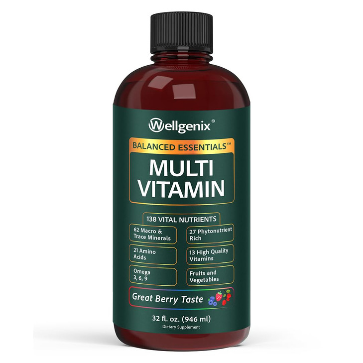 Wellgenix Balanced Essentials Liquid Multivitamin Dietary Supplement with Vitamins and Minerals  Berry Flavor  32 fl oz
