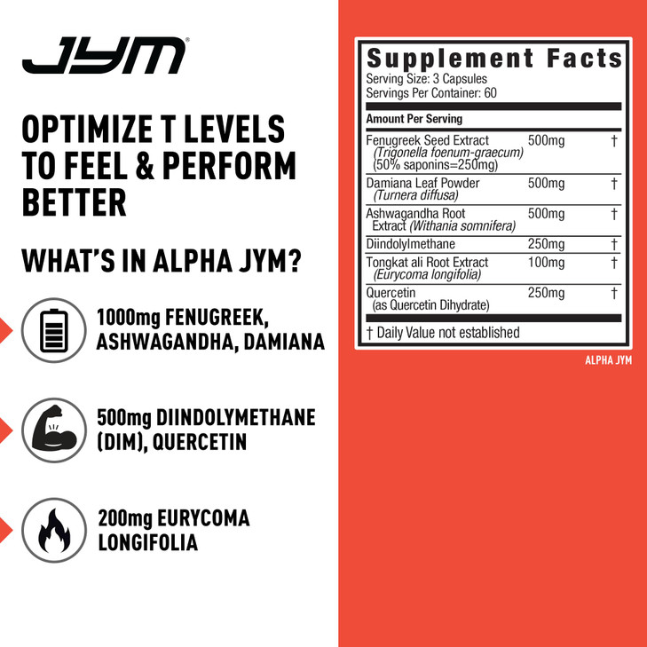 Alpha JYM Testosterone Support | Male Vitality, Hormone Optimization, Ashwagandha, Fenugreek, Eurycoma, Damiana, Quercetin, DIM | JYM Supplemental Sc