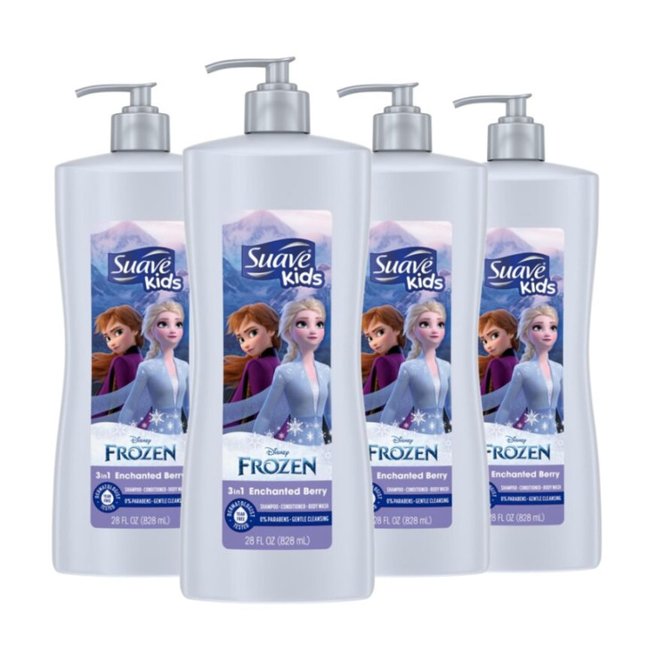 Suave Kids 3 in 1 Enchanted Berry Pack of 4 Shampoo, Conditioner, & Body Wash,Dermatologist Tested and Tear-free 28 oz