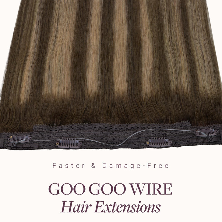 GOO GOO Wire Hair Extensions Human Hair, 4/27/4 Chocolate Brown with Caramel Blonde Balayage 12inch 70g, Invisible Wire Hair Extensions with Transpar