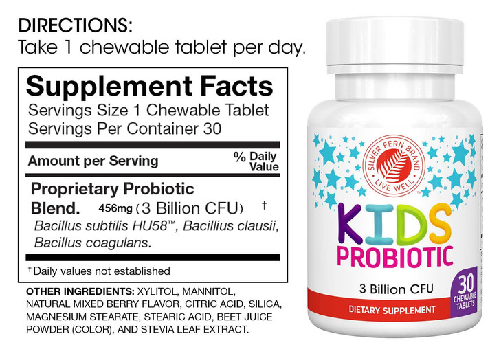 Silver Fern Brand Kids Ultimate Probiotic - 2 Bottles - 30 Chewable Tablets Each - Sugar & Gluten Free - Children's Dietary Supplement - DNA & Surviv